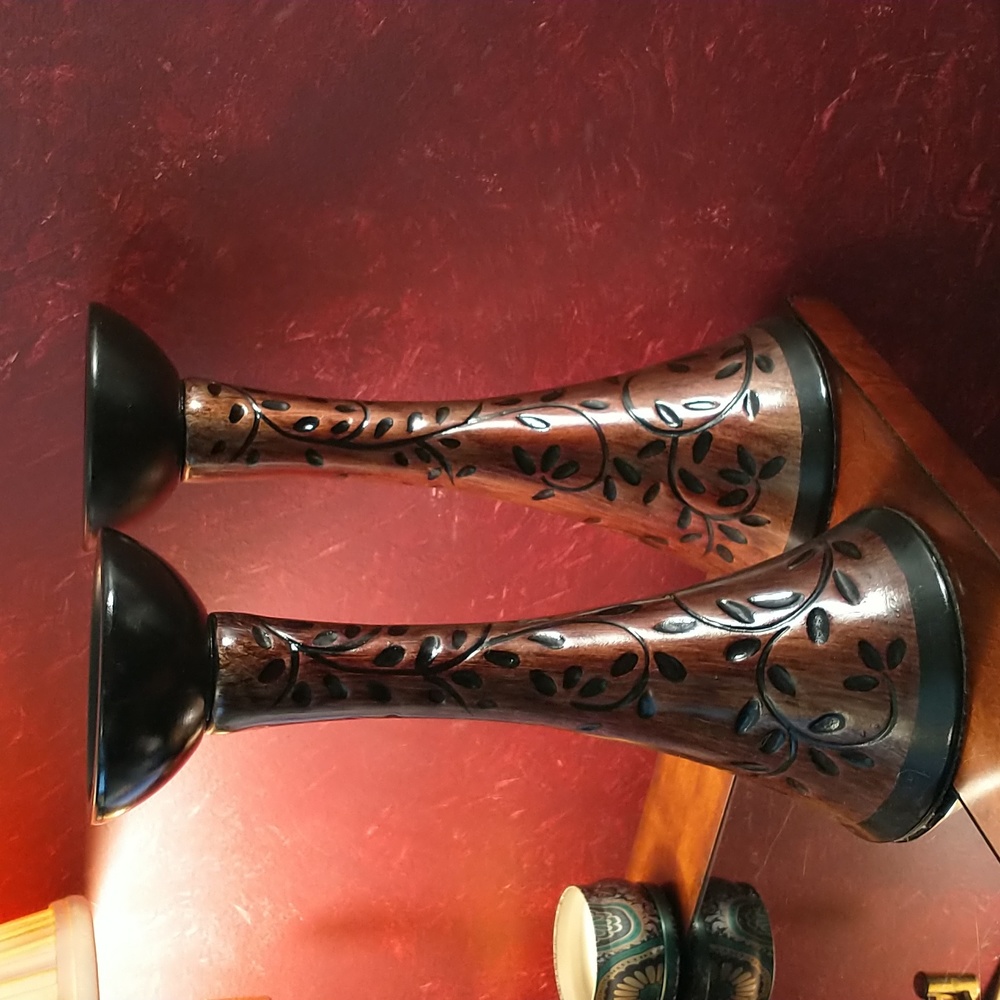 Pillar Candle Holder Pair - Ceramic Black & Copper Colored Leaf Motif - 12.75"T